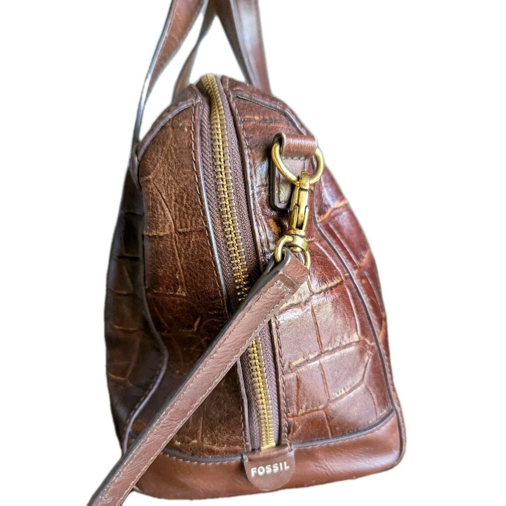 Fossil Sydney Brown Croc Embossed Leather Doctor Bag Purse Crossbody Strap - Picture 4 of 12